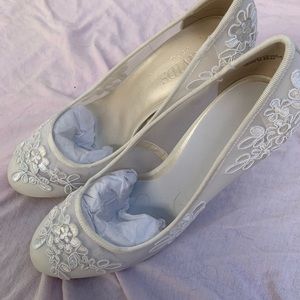 David’s Bridal lacy floral white mesh heels